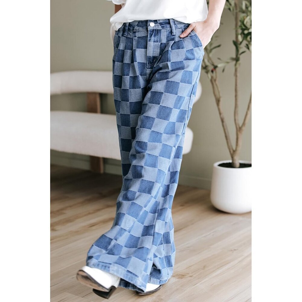 Womens Patterned Wide Leg Jeans High Waist Cotton Blend Casual Pants - Picture 4 of 8